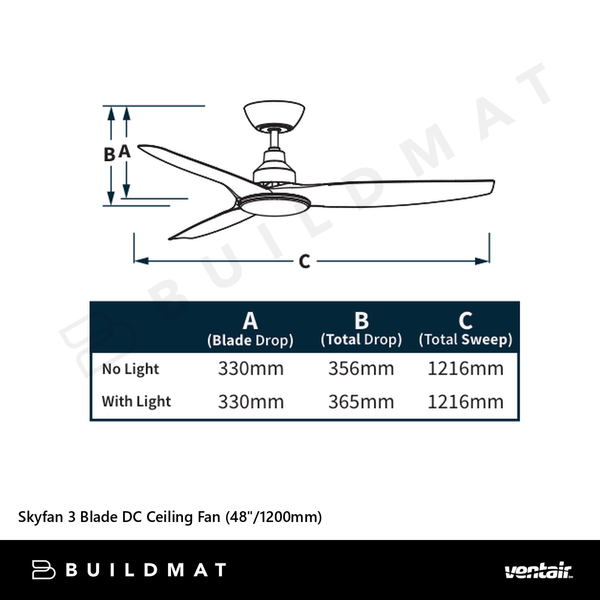 Ventair Skyfan 3 Blade DC Ceiling Fan (48"/1200mm) Light Oak