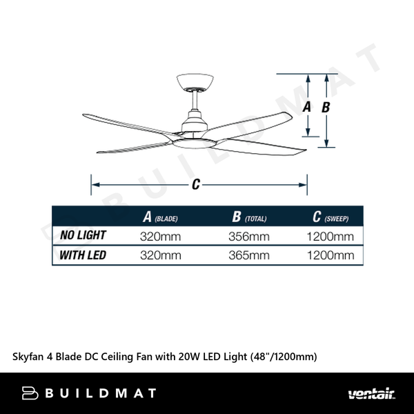 Ventair Skyfan 4 Blade DC Ceiling Fan with 20W LED Light (48"/1200mm) Black