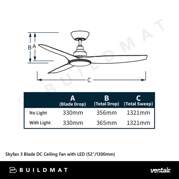Ventair Skyfan 3 Blade DC Ceiling Fan with LED (52"/1300mm) Black
