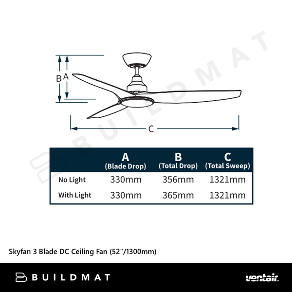 Ventair Skyfan 3 Blade DC Ceiling Fan (52"/1300mm) Black