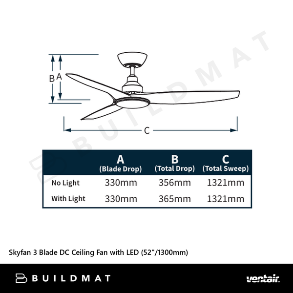 Ventair Skyfan 3 Blade DC Ceiling Fan with LED (52"/1300mm) Light Oak