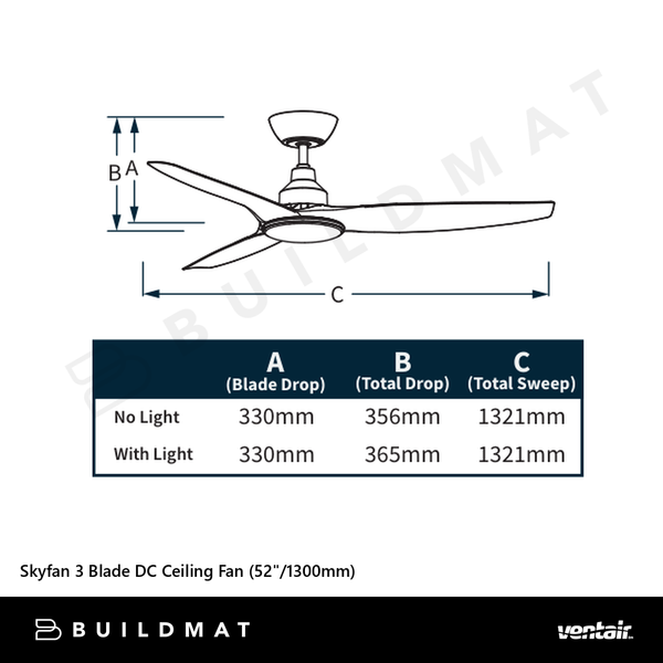 Ventair Skyfan 3 Blade DC Ceiling Fan (52"/1300mm) Light Oak