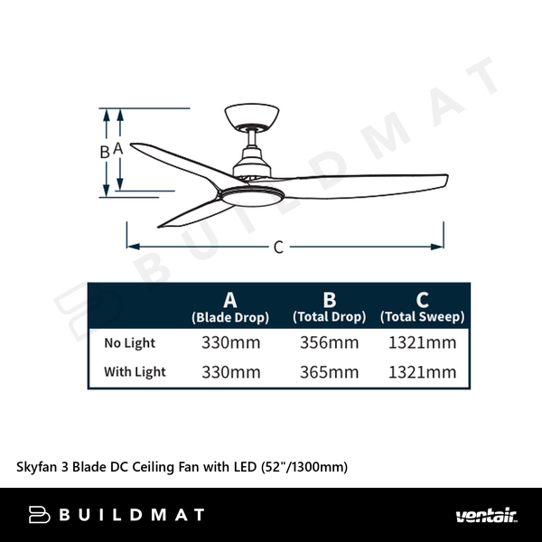 Ventair Skyfan 3 Blade DC Ceiling Fan with LED (52"/1300mm) Teak