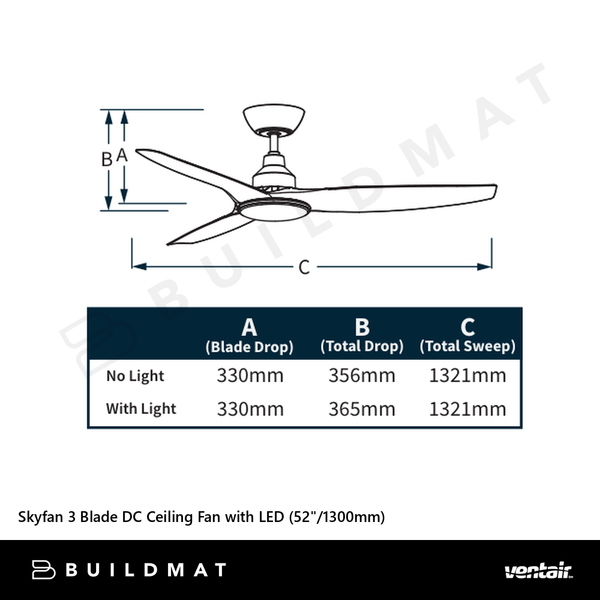 Ventair Skyfan 3 Blade DC Ceiling Fan with LED (52"/1300mm) White