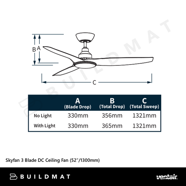 Ventair Skyfan 3 Blade DC Ceiling Fan (52"/1300mm) White