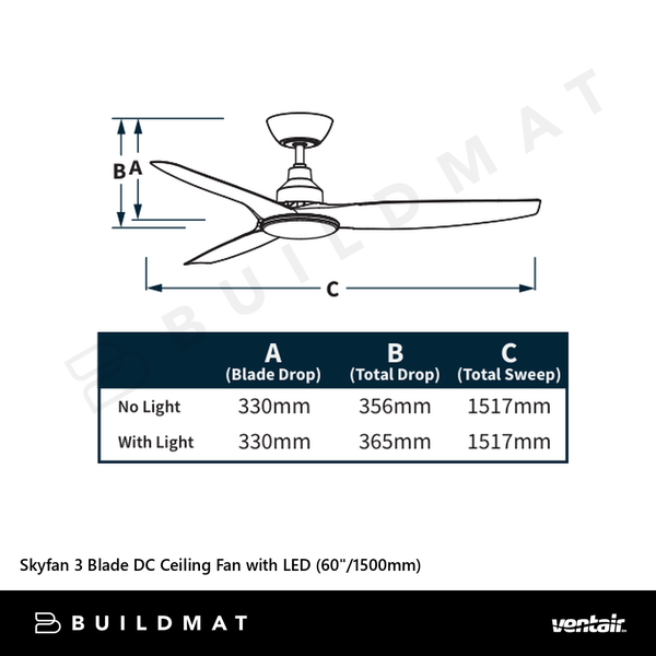 Ventair Skyfan 3 Blade DC Ceiling Fan with LED (60"/1500mm) Black