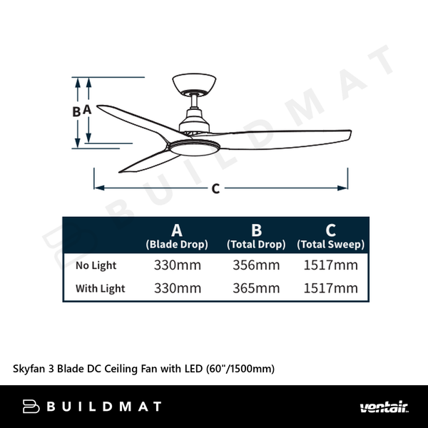 Ventair Skyfan 3 Blade DC Ceiling Fan with LED (60"/1500mm) Light Oak
