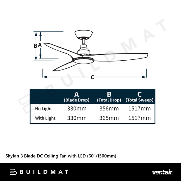 Ventair Skyfan 3 Blade DC Ceiling Fan with LED (60"/1500mm) White