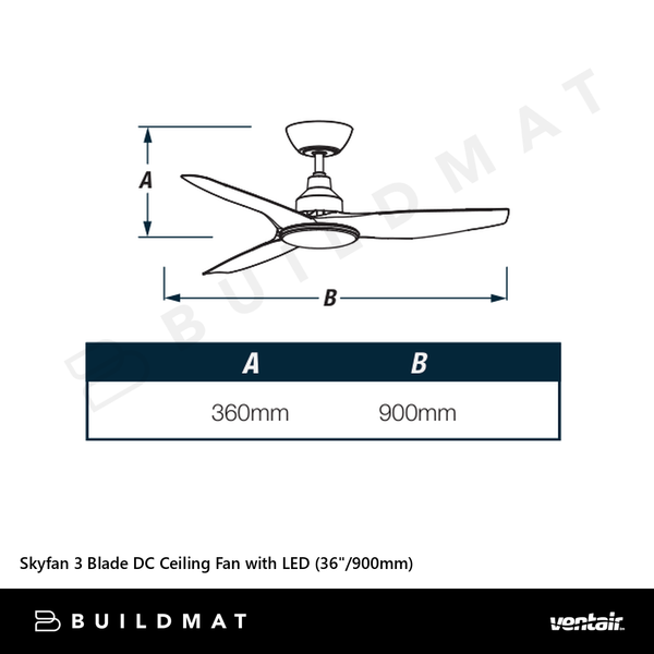 Ventair Skyfan 3 Blade DC Ceiling Fan with LED (36"/900mm) Black
