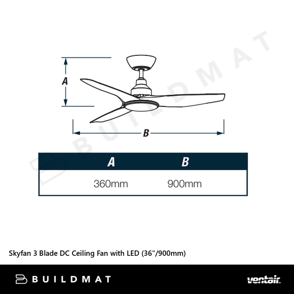 Ventair Skyfan 3 Blade DC Ceiling Fan with LED (36"/900mm) White