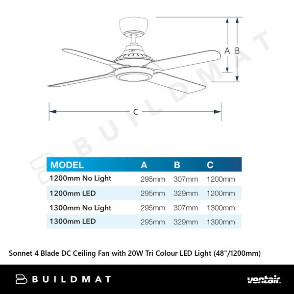 Ventair Sonnet 4 Blade DC Ceiling Fan with 20W Tri Colour LED Light (48"/1200mm) White