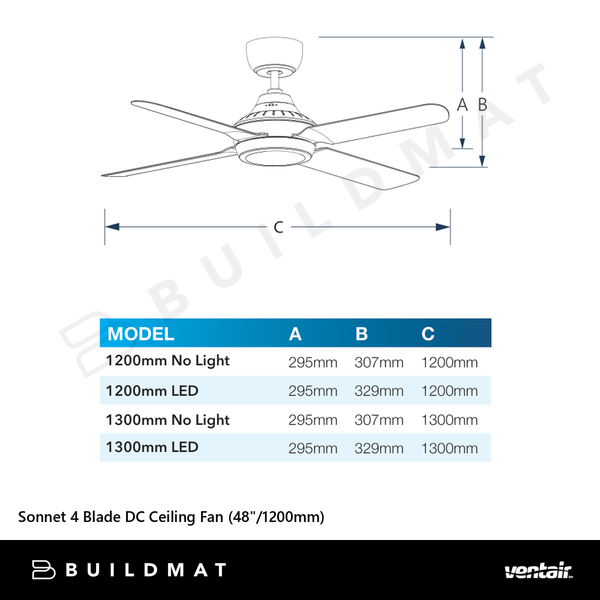 Ventair Sonnet 4 Blade DC Ceiling Fan (48"/1200mm) White