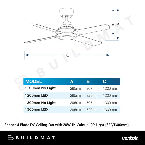 Ventair Sonnet 4 Blade DC Ceiling Fan with 20W Tri Colour LED Light (52"/1300mm) White