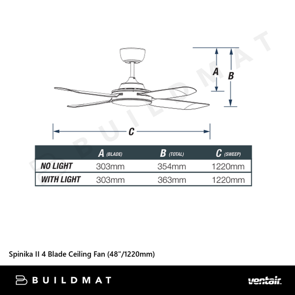 Ventair Spinika II 4 Blade Ceiling Fan (48"/1220mm) Matte Black