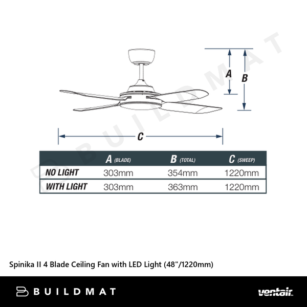 Ventair Spinika II 4 Blade Ceiling Fan with LED Light (48"/1220mm) Satin White