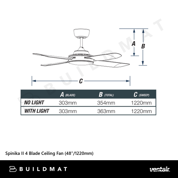 Ventair Spinika II 4 Blade Ceiling Fan (48"/1220mm) Satin White