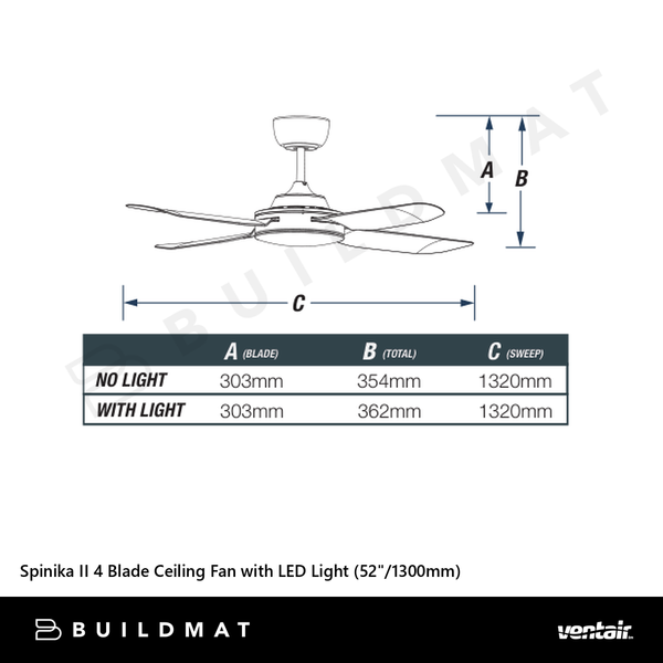 Ventair Spinika II 4 Blade Ceiling Fan with LED Light (52"/1300mm) Matte Black