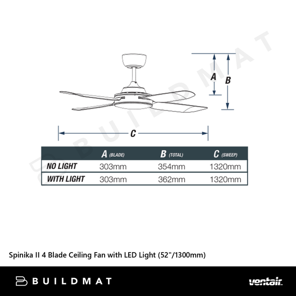 Ventair Spinika II 4 Blade Ceiling Fan with LED Light (52"/1300mm) Titanium
