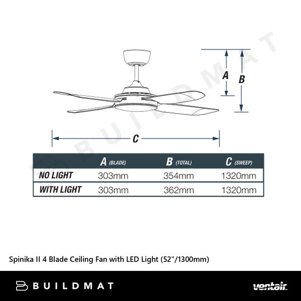 Ventair Spinika II 4 Blade Ceiling Fan with LED Light (52"/1300mm) Satin White