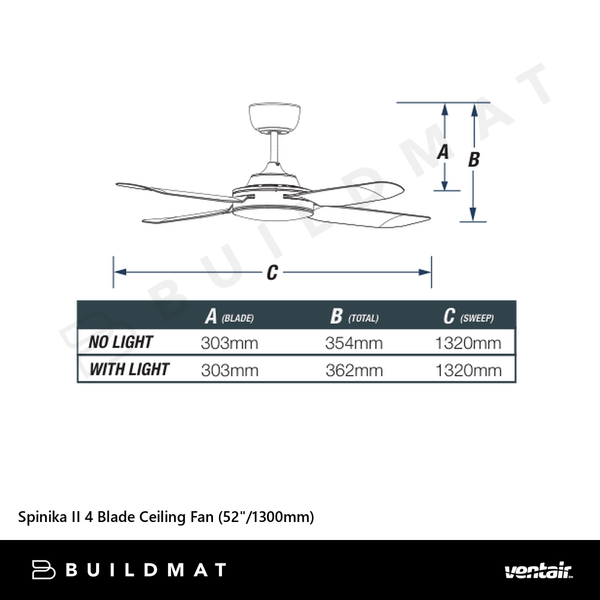 Ventair Spinika II 4 Blade Ceiling Fan (52"/1300mm) Satin White