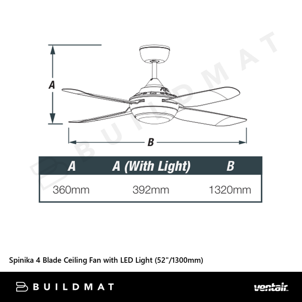 Ventair Spinika 4 Blade Ceiling Fan with LED Light (52"/1300mm) Satin White