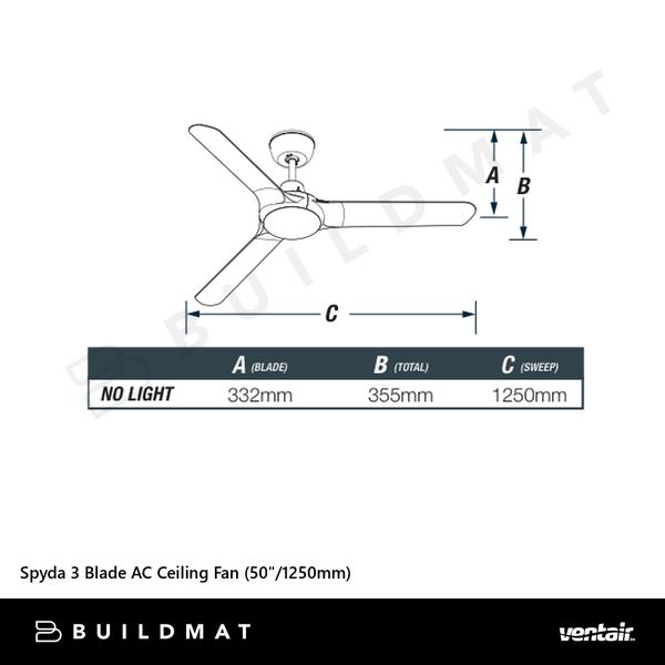 Ventair Spyda 3 Blade AC Ceiling Fan (50"/1250mm) Titanium