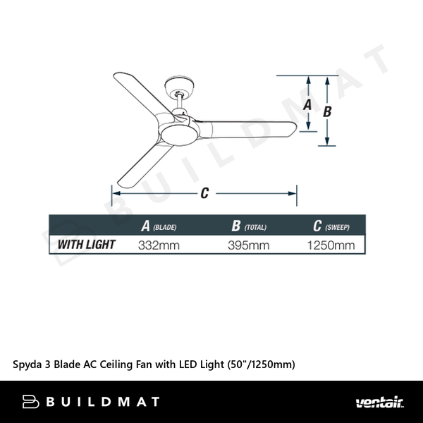 Ventair Spyda 3 Blade AC Ceiling Fan with LED Light (50"/1250mm) Teak