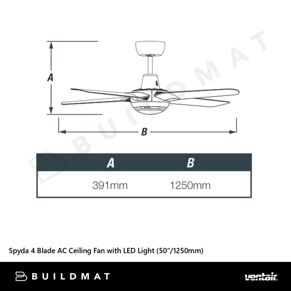 Ventair Spyda 4 Blade AC Ceiling Fan with LED Light (50"/1250mm) Teak