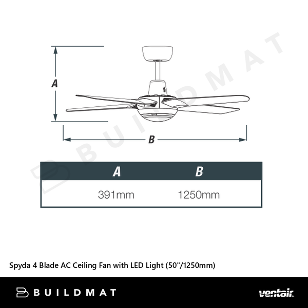 Ventair Spyda 4 Blade AC Ceiling Fan with LED Light (50"/1250mm) Satin White