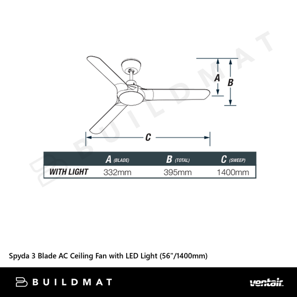 Ventair Spyda 3 Blade AC Ceiling Fan with LED Light (56"/1400mm) Walnut