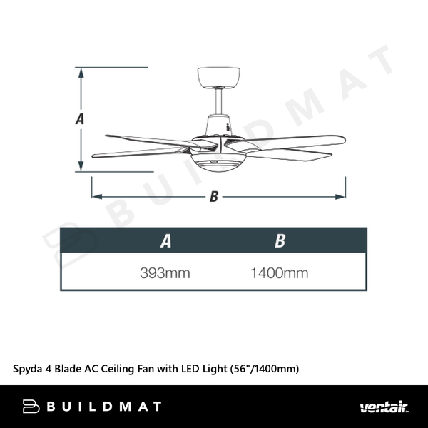 Ventair Spyda 4 Blade AC Ceiling Fan with LED Light (56"/1400mm) Matte Black