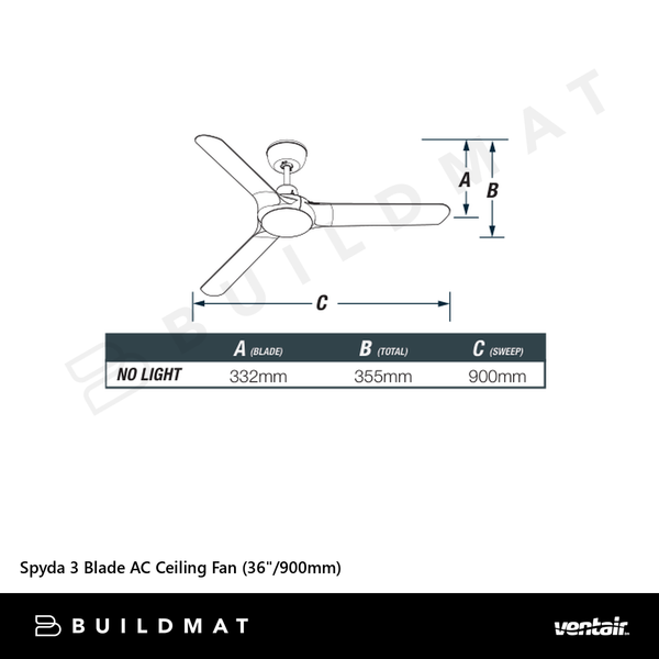 Ventair Spyda 3 Blade AC Ceiling Fan (36"/900mm) Satin White