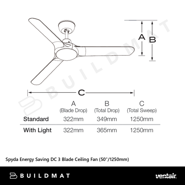 Ventair Spyda Energy Saving DC 3 Blade Ceiling Fan (50"/1250mm) Black