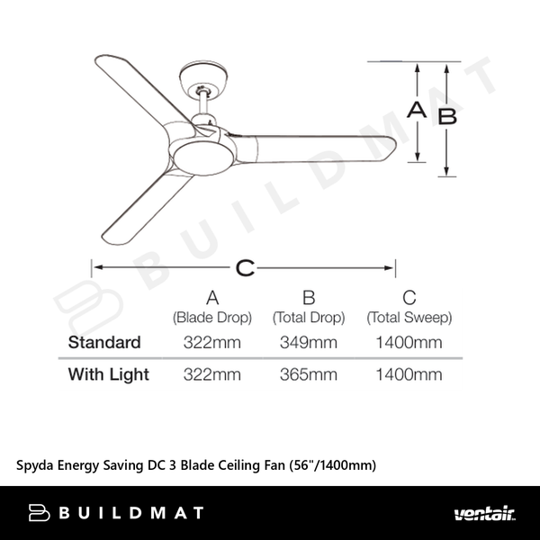 Ventair Spyda Energy Saving DC 3 Blade Ceiling Fan (56"/1400mm) Black