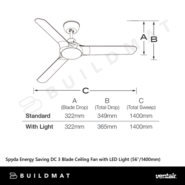 Ventair Spyda Energy Saving DC 3 Blade Ceiling Fan with LED Light (56"/1400mm) White