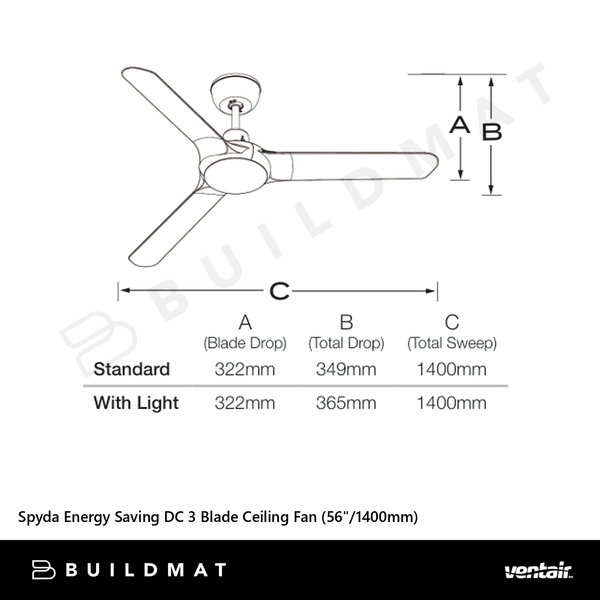 Ventair Spyda Energy Saving DC 3 Blade Ceiling Fan (56"/1400mm) White