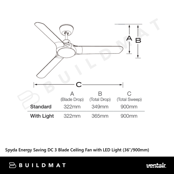 Ventair Spyda Energy Saving DC 3 Blade Ceiling Fan with LED Light (36"/900mm) White