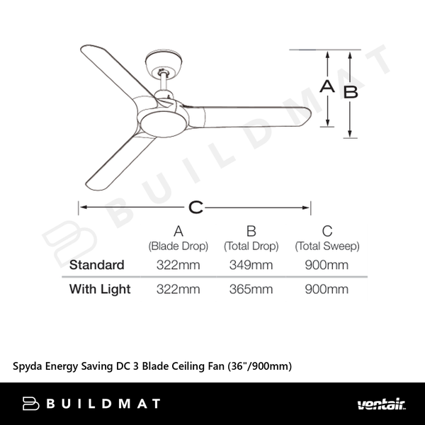 Ventair Spyda Energy Saving DC 3 Blade Ceiling Fan (36"/900mm) White