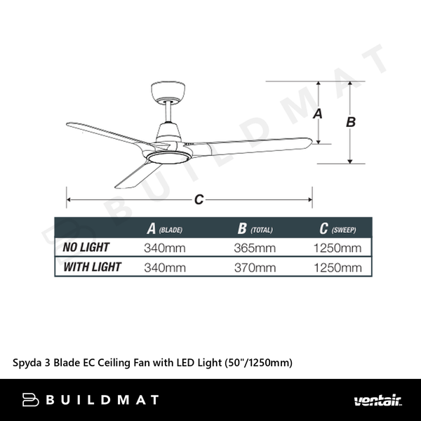 Ventair Spyda 3 Blade EC Ceiling Fan with LED Light (50"/1250mm) Matte Black