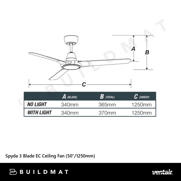 Ventair Spyda 3 Blade EC Ceiling Fan (50"/1250mm) Matte Black