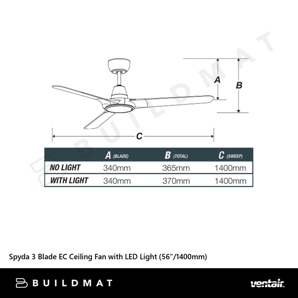 Ventair Spyda 3 Blade EC Ceiling Fan with LED Light (56"/1400mm) Matte Black