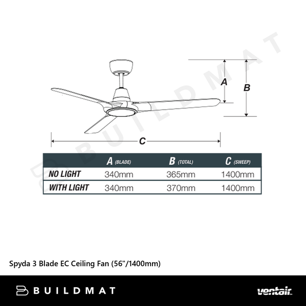 Ventair Spyda 3 Blade EC Ceiling Fan (56"/1400mm) Matte Black