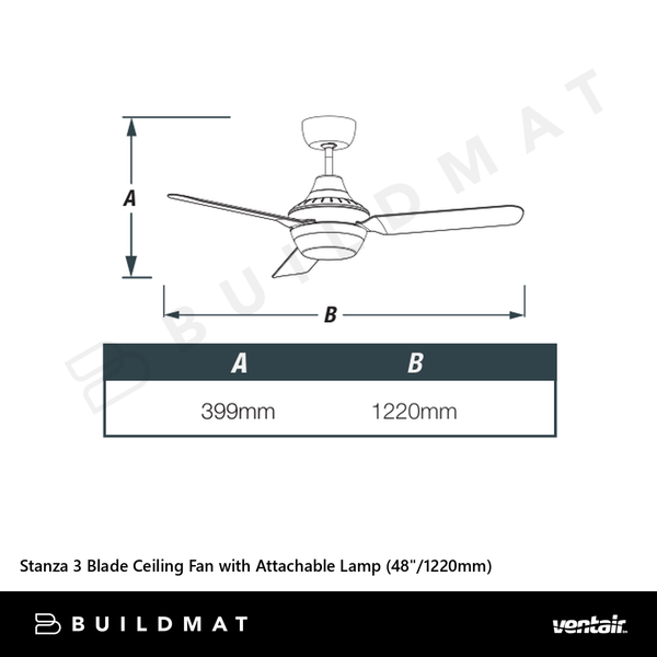 Ventair Stanza 3 Blade Ceiling Fan with Attachable Lamp (48"/1220mm) Black