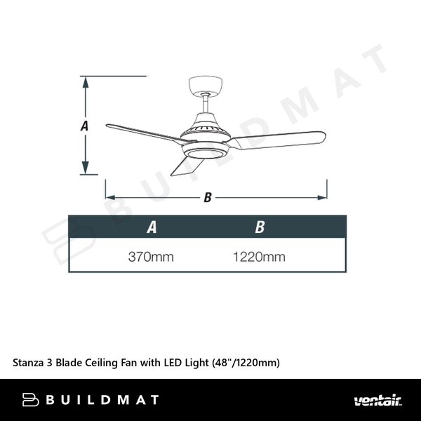 Ventair Stanza 3 Blade Ceiling Fan with LED Light (48"/1220mm) Black