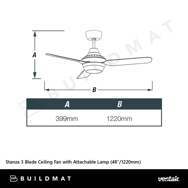 Ventair Stanza 3 Blade Ceiling Fan with Attachable Lamp (48"/1220mm) White