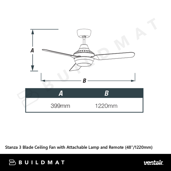 Ventair Stanza 3 Blade Ceiling Fan with Attachable Lamp and Remote (48"/1220mm) White