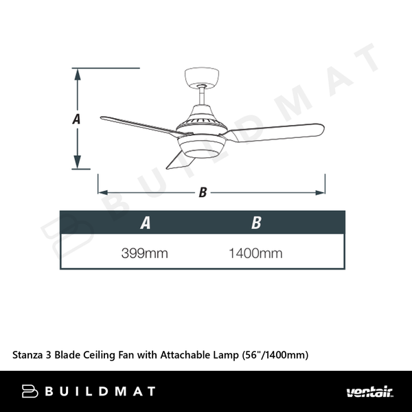 Ventair Stanza 3 Blade Ceiling Fan with Attachable Lamp (56"/1400mm) Black