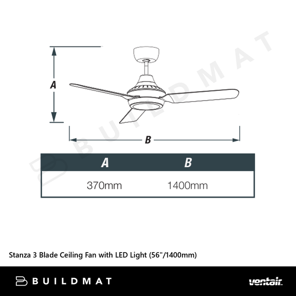 Ventair Stanza 3 Blade Ceiling Fan with LED Light (56"/1400mm) Black