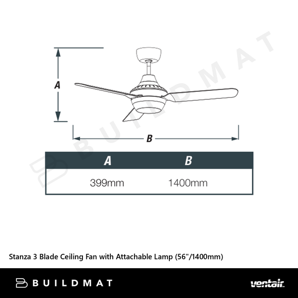 Ventair Stanza 3 Blade Ceiling Fan with Attachable Lamp (56"/1400mm) White