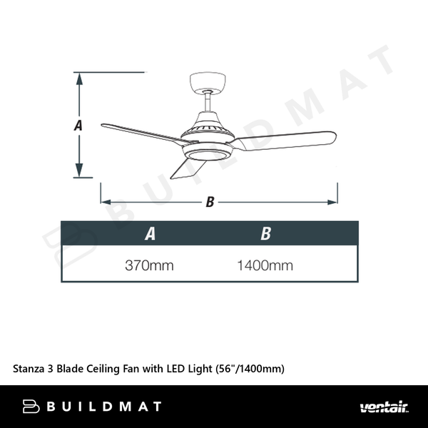 Ventair Stanza 3 Blade Ceiling Fan with LED Light (56"/1400mm) White